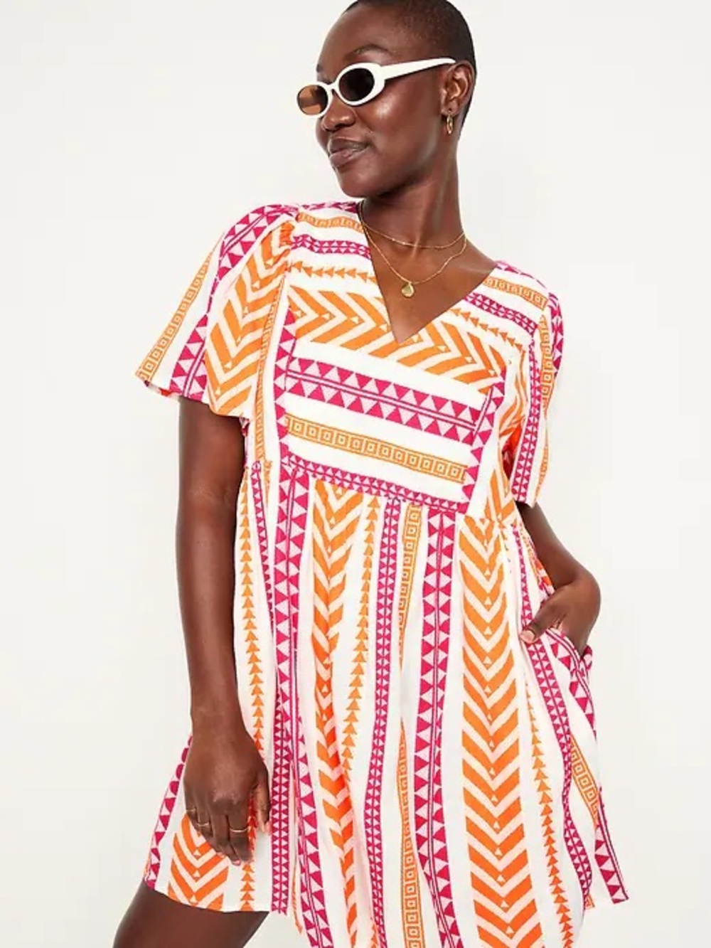 Old Navy Pink & Orange Jacquard Aztec Mini Swing Dress Pockets Women’s Small